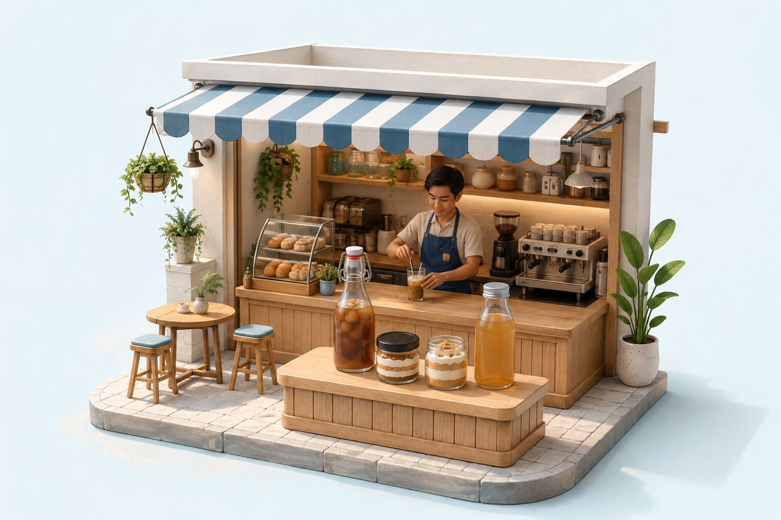 Ilustrasi café kecil dengan barista, botol tutup klip dan jar dessert di meja depan.