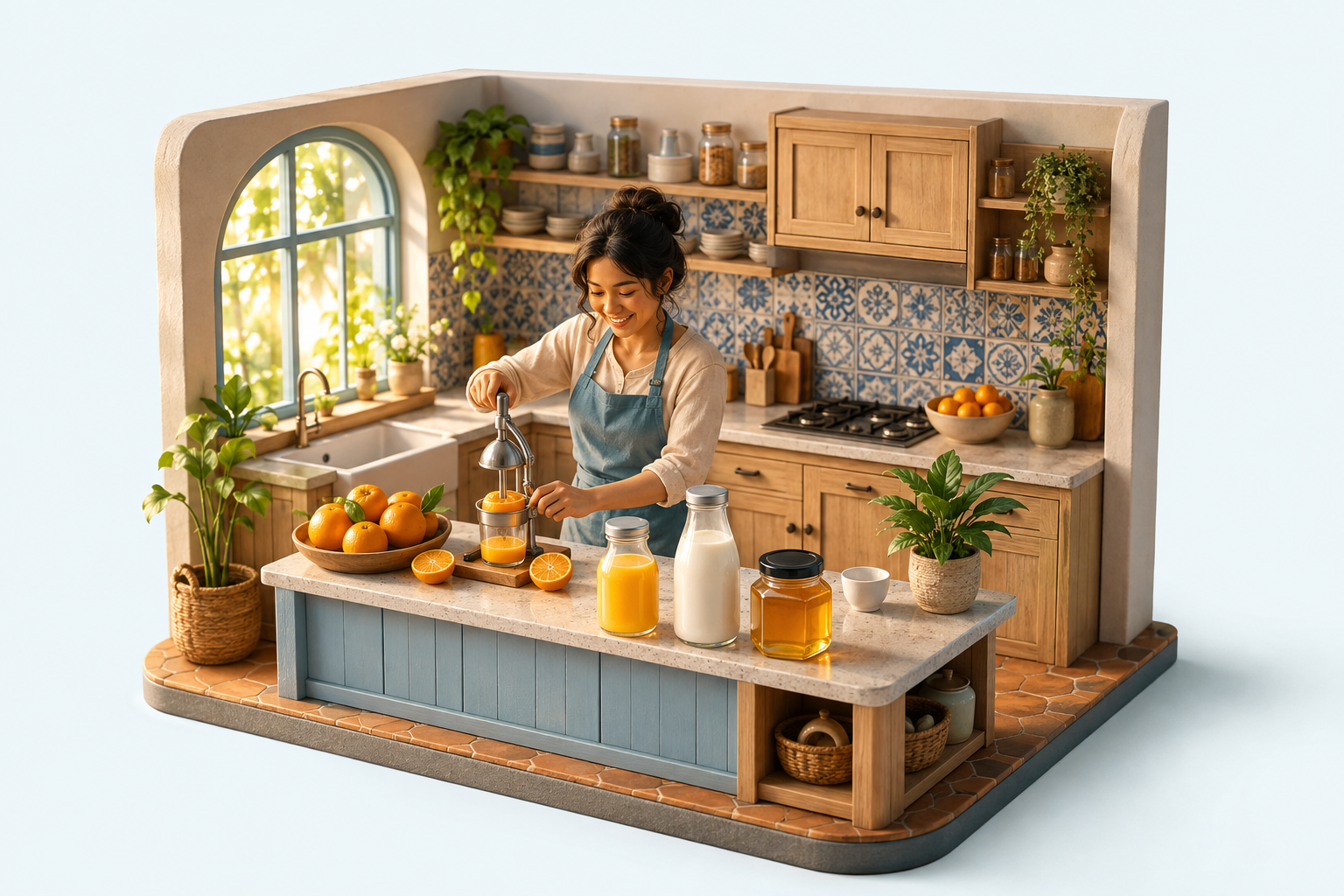 Ilustrasi dapur rumah, ibu memeras jeruk, botol jus dan susu serta jar madu di meja.