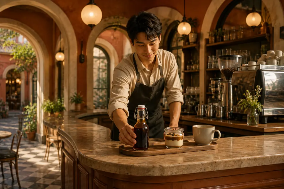 Barista menyajikan botol kopi kecil dan jar dessert di café Art Deco.