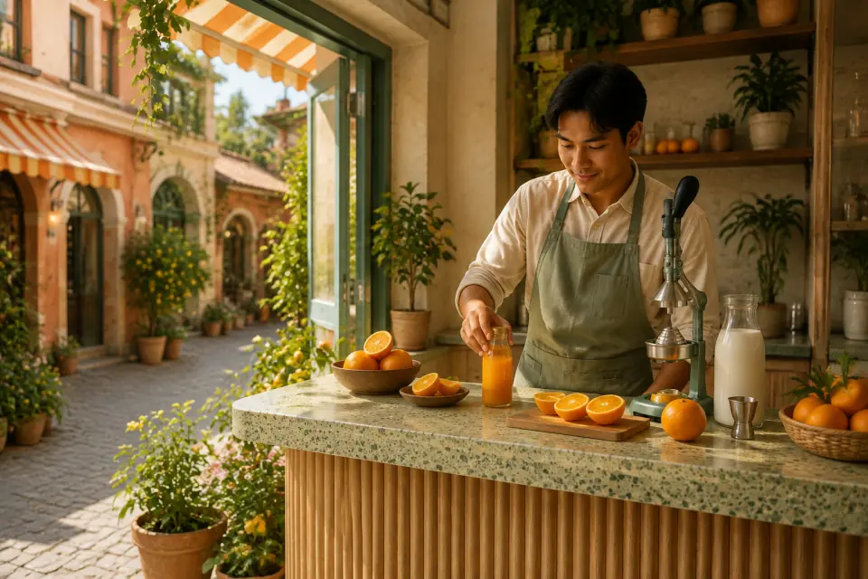 Pekerja juice bar menyiapkan botol jus kecil di meja terrazzo hijau dengan buah jeruk.