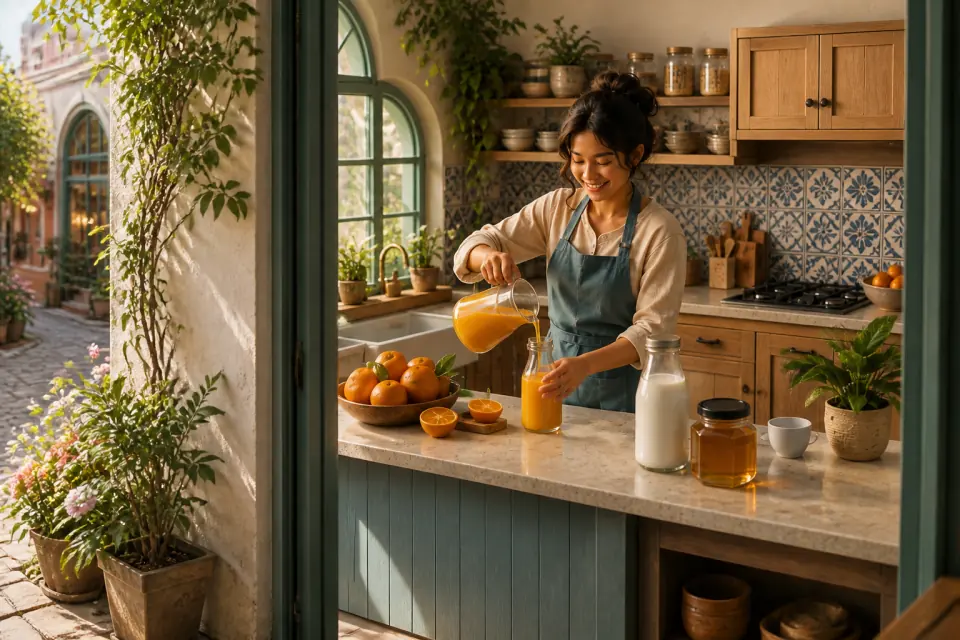 Ibu menyiapkan jus di dapur hangat, dengan botol susu dan jar madu berukuran wajar di meja.